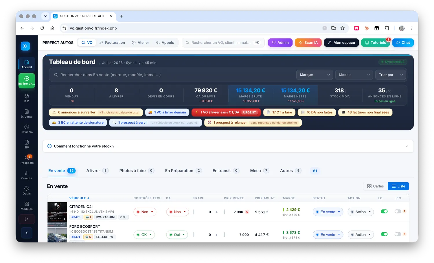 Tableau de bord du logiciel de gestion VO GestionVO