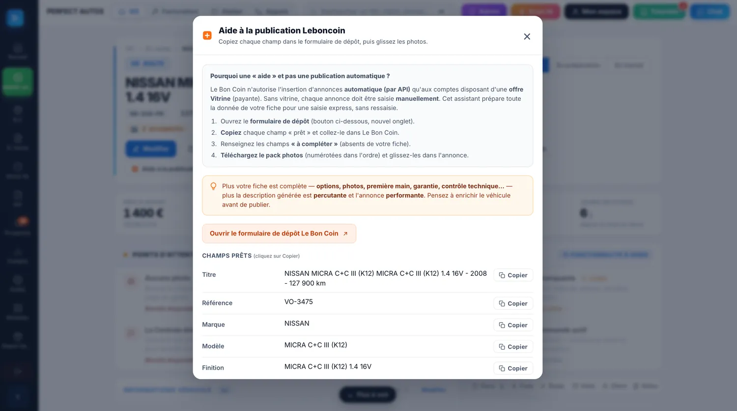 Aide à la publication d'annonces Le Bon Coin dans GestionVO