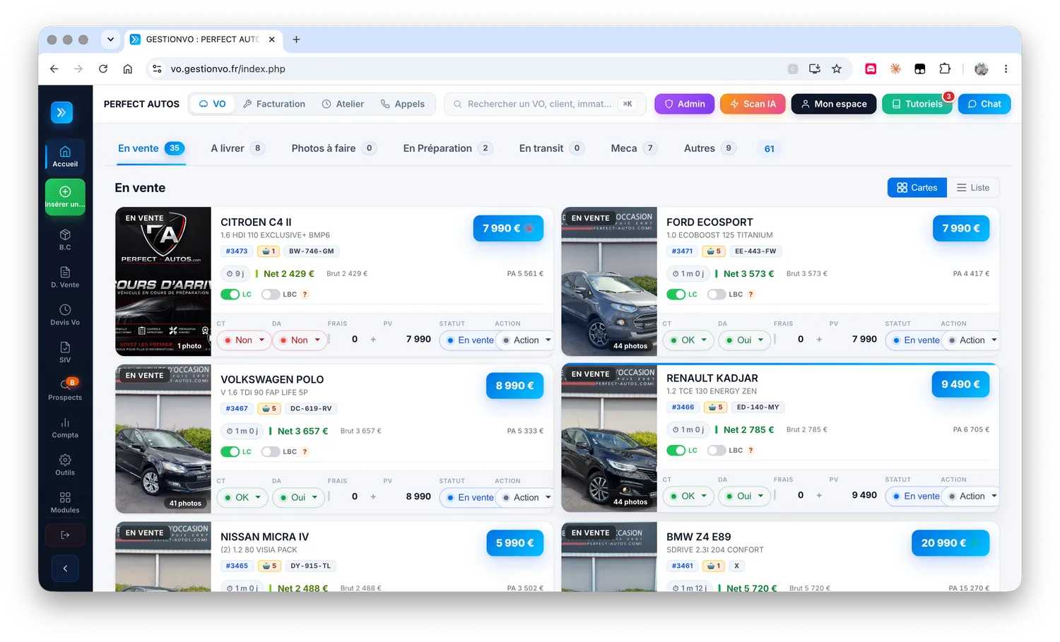 Tableau de bord et stock véhicules dans GestionVO