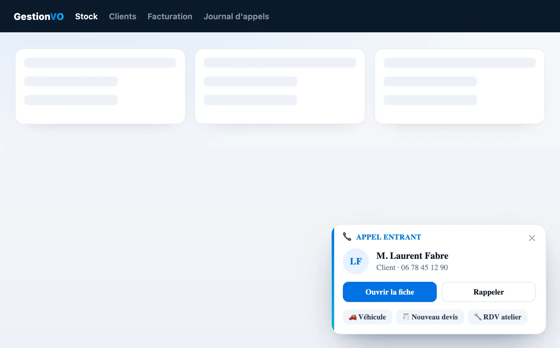 Bandeau d'appel entrant Wildix affichant la fiche du client dans GestionVO